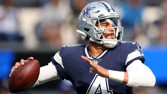 INGLEWOOD, CALIFORNIA - SEPTEMBER 19: Dak Prescott #4 of the Dallas Cowboys looks to pass during a 20-17 win over the Los Angeles Chargers at SoFi Stadium on September 19, 2021 in Inglewood, California.