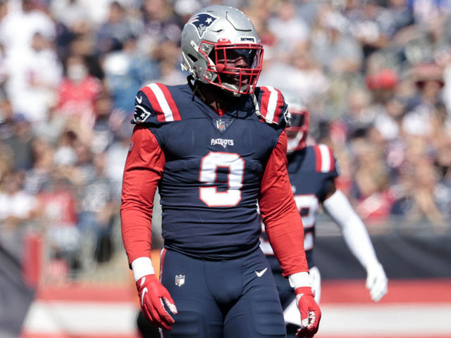 FOXBOROUGH, MA - SEPTEMBER 26: New England Patriots linebacker Matt Judon (9) gets set for a play during a game between the New England Patriots and the New Orleans Saints on September 26, 2021 at Gillette Stadium in Foxborough, Massachusetts.