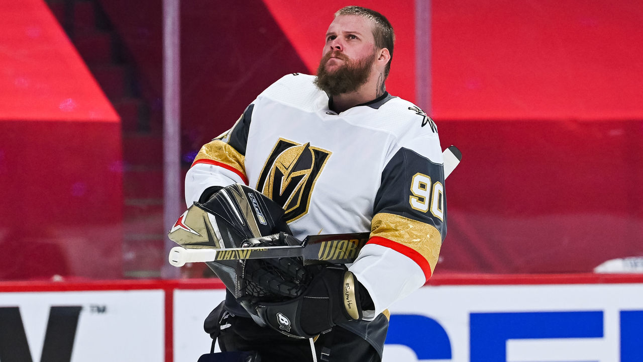 MONTREAL, QC - JUNE 24: Look on Las Vegas Golden Knights goalie Robin Lehner (90) during the NHL Stanley Cup Playoffs Semifinals game 6 between the Las Vegas Golden Knights versus the Montreal Canadiens on June 24, 2021, at Bell Centre in Montreal, QC