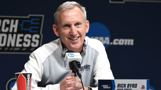 JACKSONVILLE, FL - MARCH 20: Head coach Rick Byrd of the Belmont Bruins addresses the media during a practice session for the first round of the NCAA basketball tournament at the VyStar Veterans Memorial Arena on March 20, 2019 in Jacksonville, Florida.