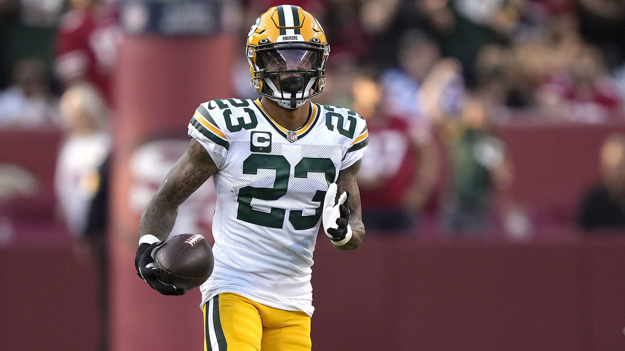 SANTA CLARA, CALIFORNIA - SEPTEMBER 26: Jaire Alexander #23 of the Green Bay Packers runs after intercepting a pass during the first half against the San Francisco 49ers in the game at Levi's Stadium on September 26, 2021 in Santa Clara, California.