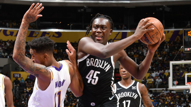 LOS ANGELES, CA - OCTOBER 3: Sekou Doumbouya #45 of the Brooklyn Nets drives to the basket during the game against the Los Angeles Lakers on October 3, 2021 at STAPLES Center in Los Angeles, California. NOTE TO USER: User expressly acknowledges and agrees that, by downloading and/or using this Photograph, user is consenting to the terms and conditions of the Getty Images License Agreement. Mandatory Copyright Notice: Copyright 2021 NBAE