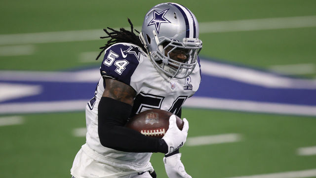 ARLINGTON, TEXAS - NOVEMBER 26: Jaylon Smith #54 of the Dallas Cowboys rushes following his interception during the third quarter of a game against the Washington Football Team at AT&T Stadium on November 26, 2020 in Arlington, Texas.