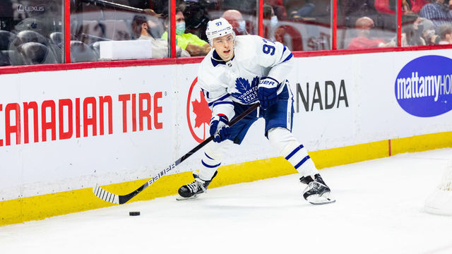 OTTAWA, ON - SEPTEMBER 29: Toronto Maple Leafs left wing Nikita Gusev (97) skates the puck around the net during third period National Hockey League preseason action between the Toronto Maple Leafs and Ottawa Senators on September 29, 2021, at Canadian Tire Centre in Ottawa, ON, Canada.