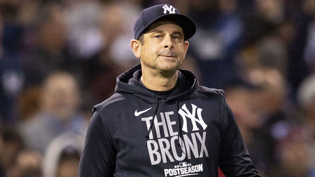 BOSTON, MA - OCTOBER 05: Manager Aaron Boone of the New York Yankees reacts as he removes Gerrit Cole #45 from the game during the third inning of the 2021 American League Wild Card game against the Boston Red Sox at Fenway Park on October 5, 2021 in Boston, Massachusetts.