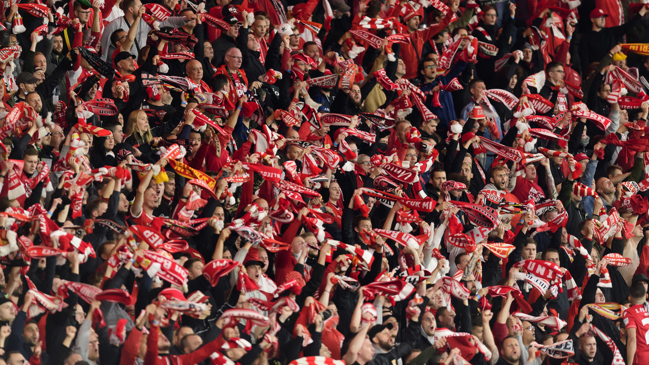 BERLIN, GERMANY - SEPTEMBER 30: (BILD OUT) . Supporters of 1. FC Union Berlin during the UEFA Europa Conference League group E match between 1. FC Union Berlin and Maccabi Haifa at Olympiastadion on September 30, 2021 in Berlin, Germany.