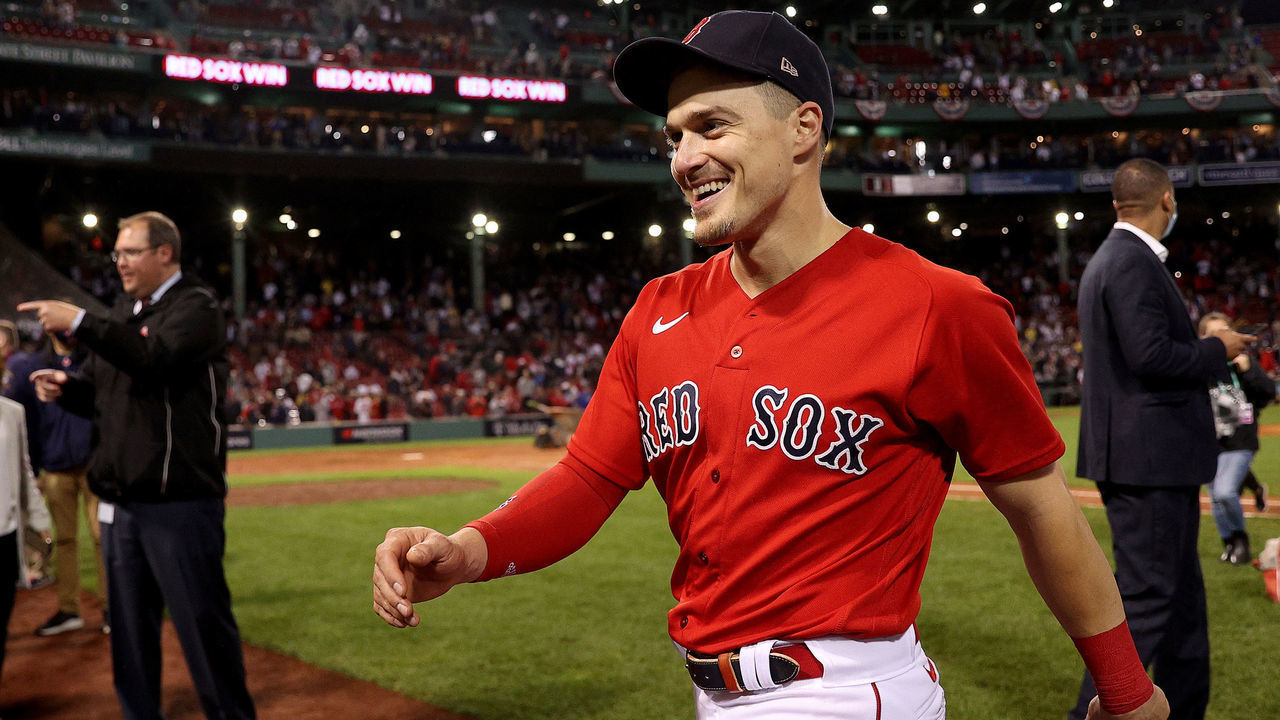 BOSTON, MASSACHUSETTS - OCTOBER 05: Enrique Hernandez #5 of the Boston Red Sox reacts after beating the New York Yankees 6-2 in the American League Wild Card game at Fenway Park on October 05, 2021 in Boston, Massachusetts.