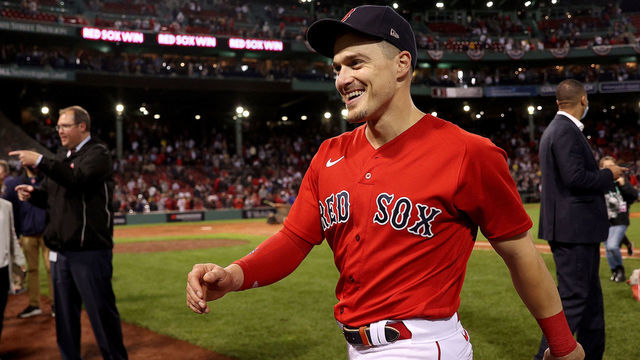 BOSTON, MASSACHUSETTS - OCTOBER 05: Enrique Hernandez #5 of the Boston Red Sox reacts after beating the New York Yankees 6-2 in the American League Wild Card game at Fenway Park on October 05, 2021 in Boston, Massachusetts.