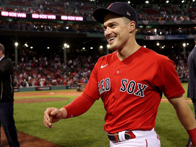BOSTON, MASSACHUSETTS - OCTOBER 05: Enrique Hernandez #5 of the Boston Red Sox reacts after beating the New York Yankees 6-2 in the American League Wild Card game at Fenway Park on October 05, 2021 in Boston, Massachusetts.