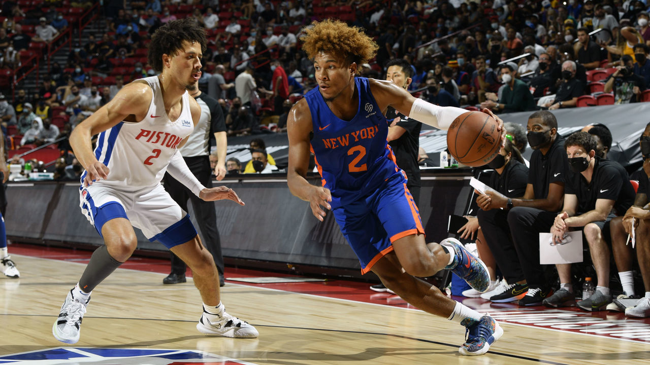 LAS VEGAS, NV - AUGUST 13: Miles McBride #2 of the New York Knicks dribbles the ball during the game against the Detroit Pistons during the 2021 Las Vegas Summer League on August 13, 2021 at the Thomas & Mack Center in Las Vegas, Nevada. NOTE TO USER: User expressly acknowledges and agrees that, by downloading and/or using this Photograph, user is consenting to the terms and conditions of the Getty Images License Agreement. Mandatory Copyright Notice: Copyright 2021 NBAE