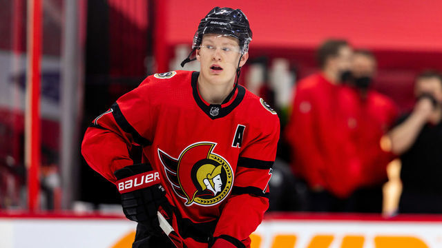 OTTAWA, ON - APRIL 01: Ottawa Senators Left Wing Brady Tkachuk (7) during warm-up before National Hockey League action between the Montreal Canadiens and Ottawa Senators on April 1, 2021, at Canadian Tire Centre in Ottawa, ON, Canada.