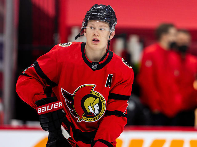 OTTAWA, ON - APRIL 01: Ottawa Senators Left Wing Brady Tkachuk (7) during warm-up before National Hockey League action between the Montreal Canadiens and Ottawa Senators on April 1, 2021, at Canadian Tire Centre in Ottawa, ON, Canada.