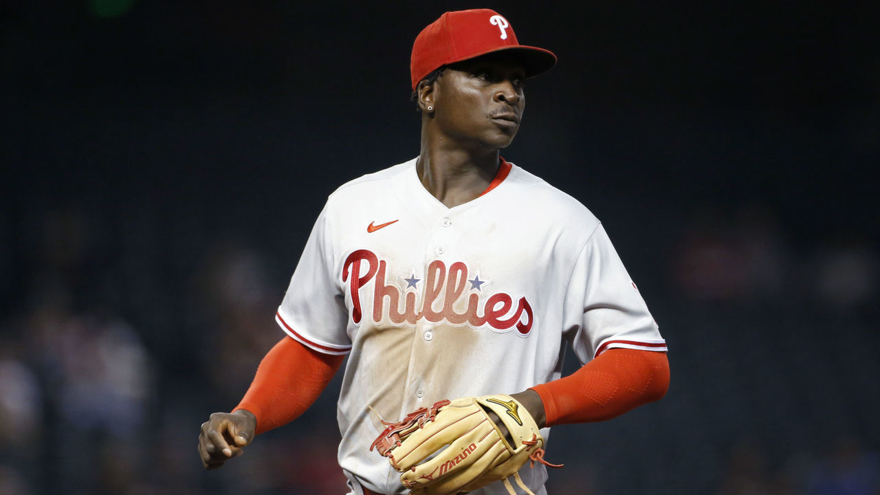 PHOENIX, ARIZONA - AUGUST 17: Shortstop Didi Gregorius #18 of the Philadelphia Phillies during the fifth inning of the MLB game against the Arizona Diamondbacks at Chase Field on August 17, 2021 in Phoenix, Arizona.