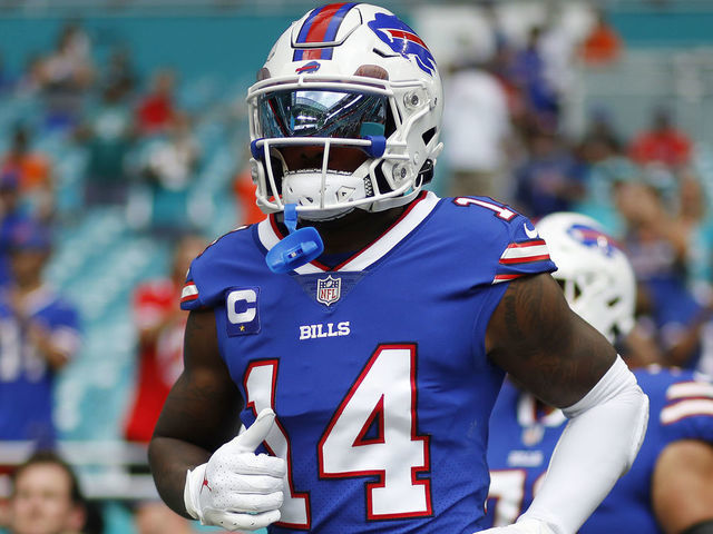 MIAMI GARDENS, FLORIDA - SEPTEMBER 19: Stefon Diggs #14 of the Buffalo Bills takes the field prior to the game against the Miami Dolphins at Hard Rock Stadium on September 19, 2021 in Miami Gardens, Florida.