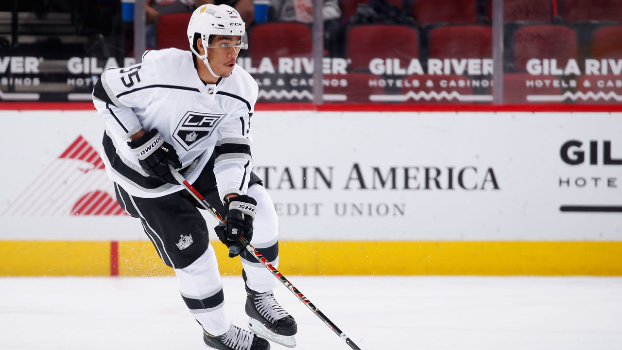 GLENDALE, ARIZONA - MAY 05: Quinton Byfield #55 of the Los Angeles Kings skates with the puck during the first period of the NHL game against the Arizona Coyotes at Gila River Arena on May 05, 2021 in Glendale, Arizona.