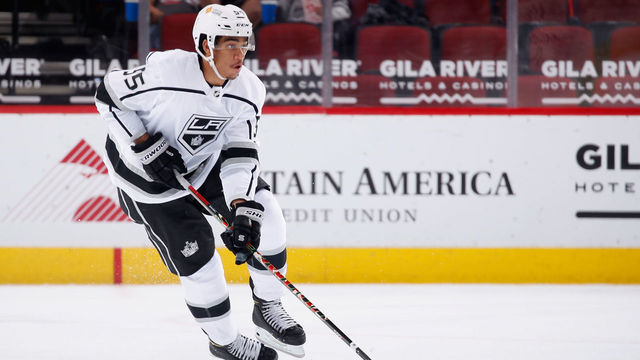 GLENDALE, ARIZONA - MAY 05: Quinton Byfield #55 of the Los Angeles Kings skates with the puck during the first period of the NHL game against the Arizona Coyotes at Gila River Arena on May 05, 2021 in Glendale, Arizona.