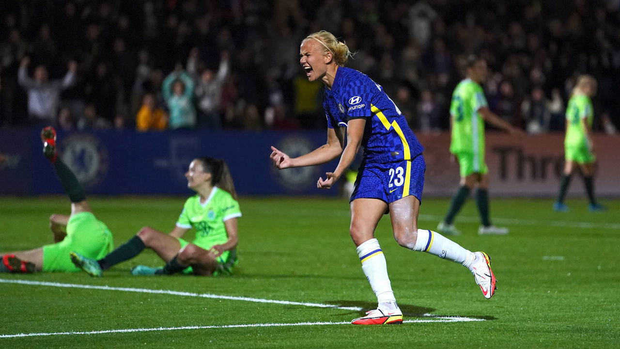 Chelsea's Pernille Harder celebrates scoring their side's third goal of the game during the UEFA Women's Champions League group A match at Kingsmeadow, Kingston. Picture date: Wednesday October 6, 2021.