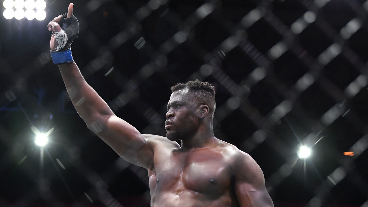 LAS VEGAS, NEVADA - MARCH 27: Francis Ngannou of Cameroon reacts after his victory over Stipe Miocic in their UFC heavyweight championship fight during the UFC 260 event at UFC APEX on March 27, 2021 in Las Vegas, Nevada.