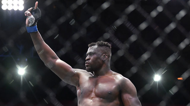 LAS VEGAS, NEVADA - MARCH 27: Francis Ngannou of Cameroon reacts after his victory over Stipe Miocic in their UFC heavyweight championship fight during the UFC 260 event at UFC APEX on March 27, 2021 in Las Vegas, Nevada.