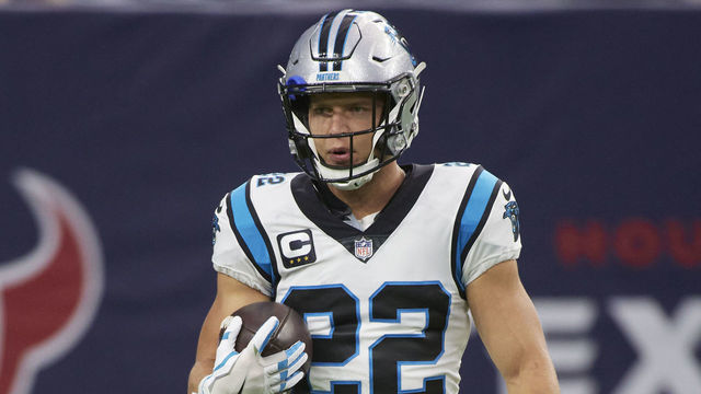 Football: Carolina Panthers Christian McCaffrey (22) on field before game vs Houston Texans at NRG Stadium. Houston, TX 9/23/2021 CREDIT: Greg Nelson