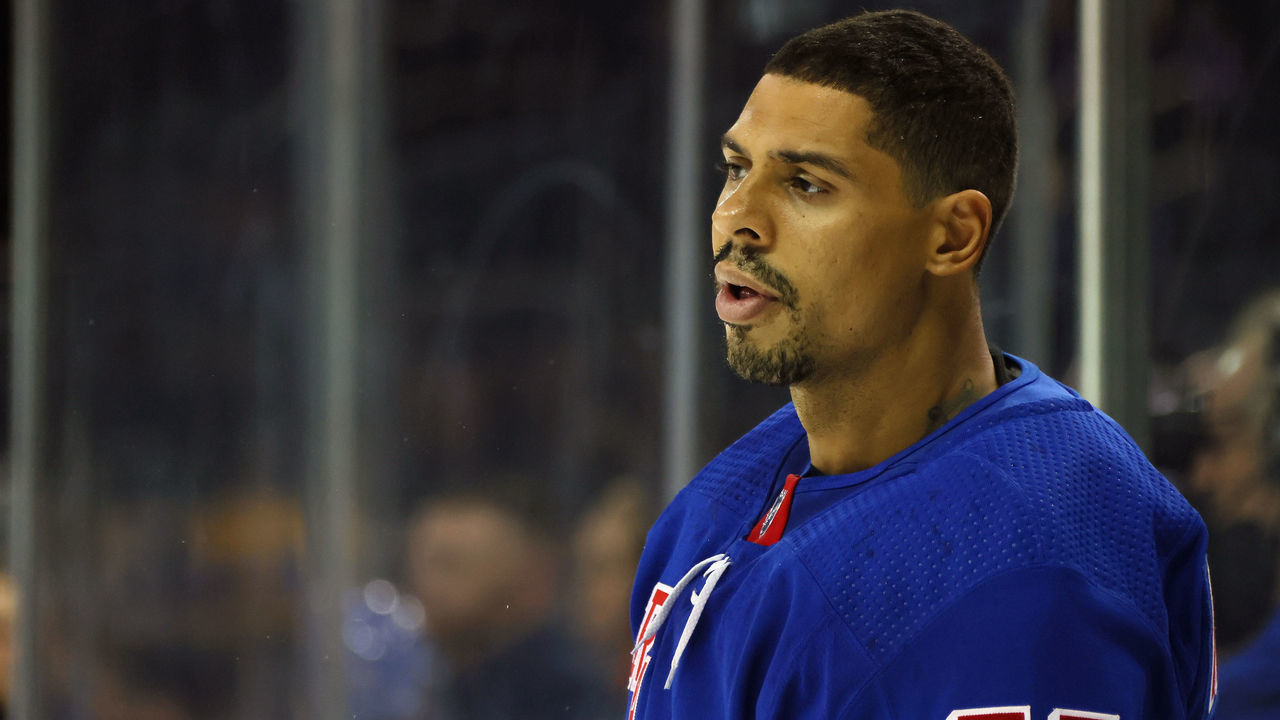 NEW YORK, NEW YORK - SEPTEMBER 28: Ryan Reaves #75 of the New York Rangers skates in warm-ups prior to the game against the Boston Bruins at Madison Square Garden on September 28, 2021 in New York City.
