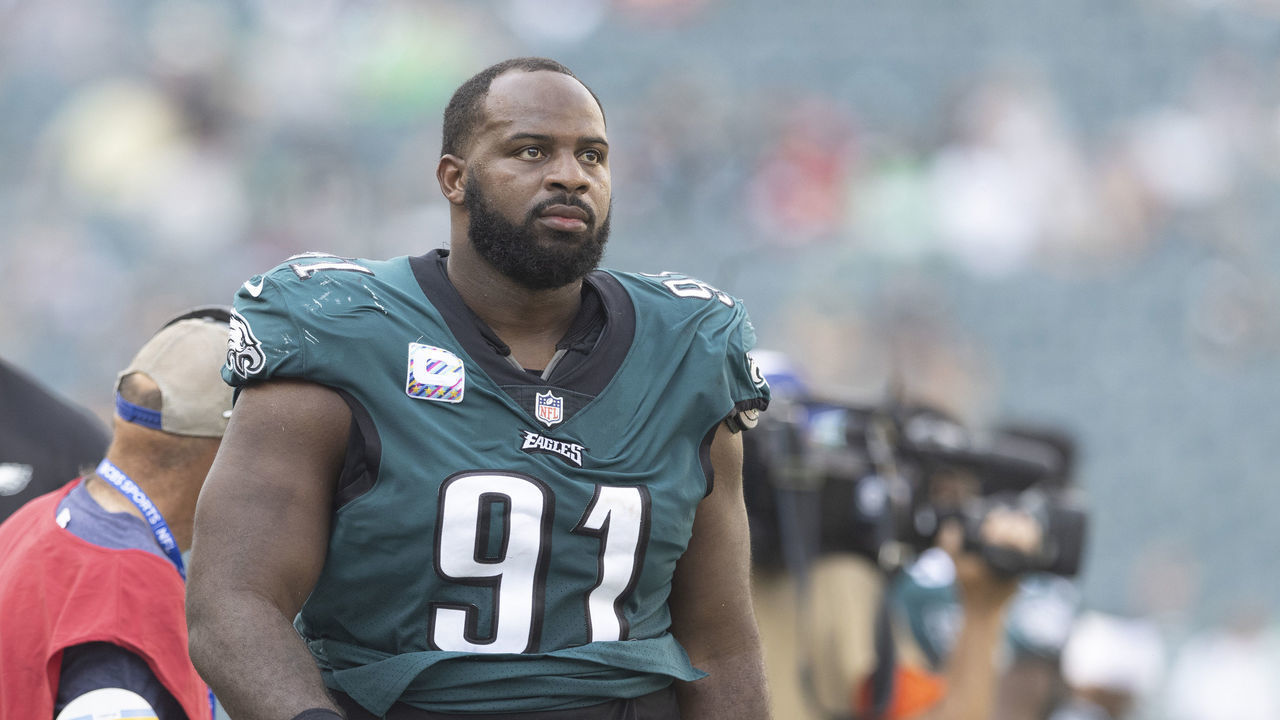 PHILADELPHIA, PA - OCTOBER 03: Fletcher Cox #91 of the Philadelphia Eagles walks off the field after the game against the Kansas City Chiefs at Lincoln Financial Field on October 3, 2021 in Philadelphia, Pennsylvania.