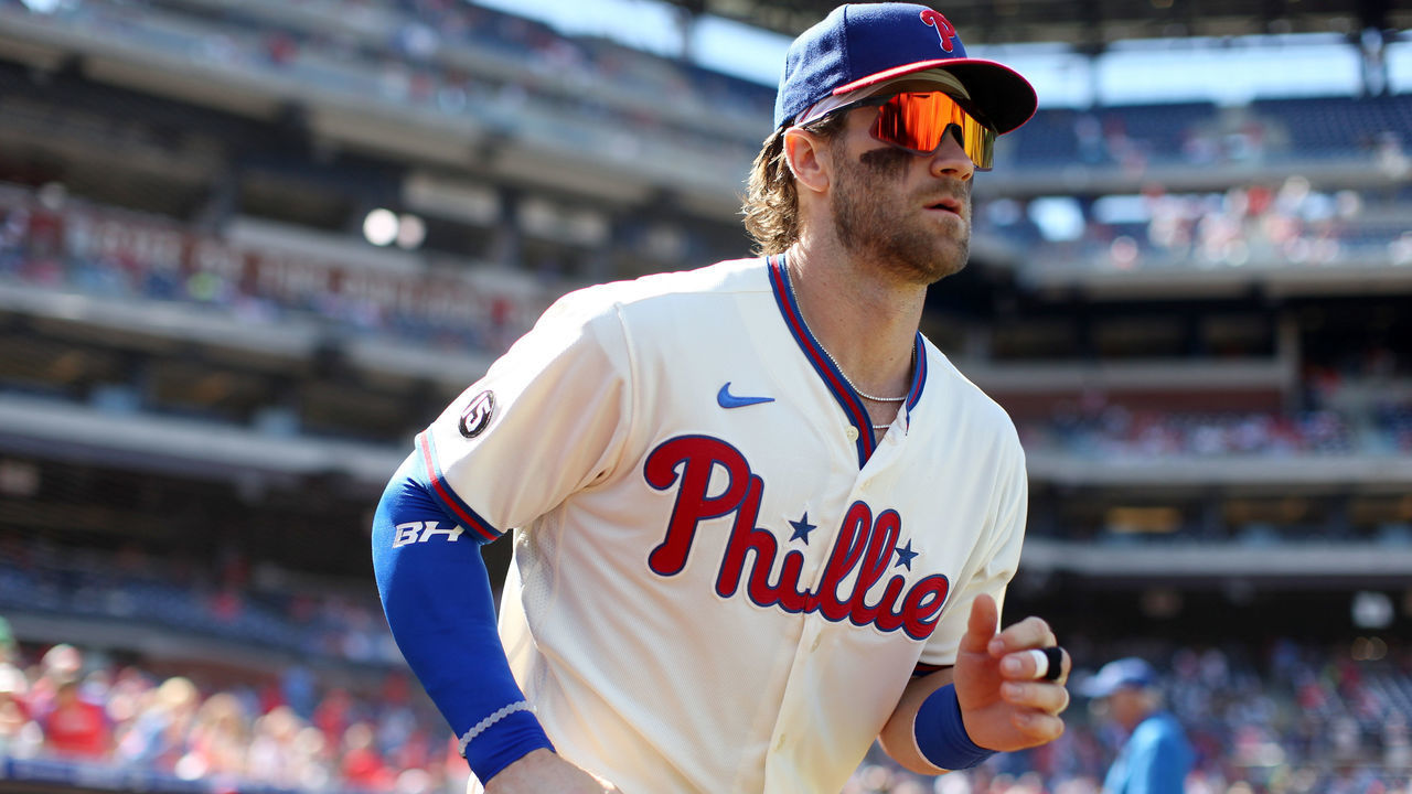 PHILADELPHIA, PA - SEPTEMBER 26: Bryce Harper #3 of the Philadelphia Phillies takes the field during the game between the Pittsburgh Pirates and the Philadelphia Phillies at Citizens Bank Park on Sunday, September 26, 2021 in Philadelphia, Pennsylvania.