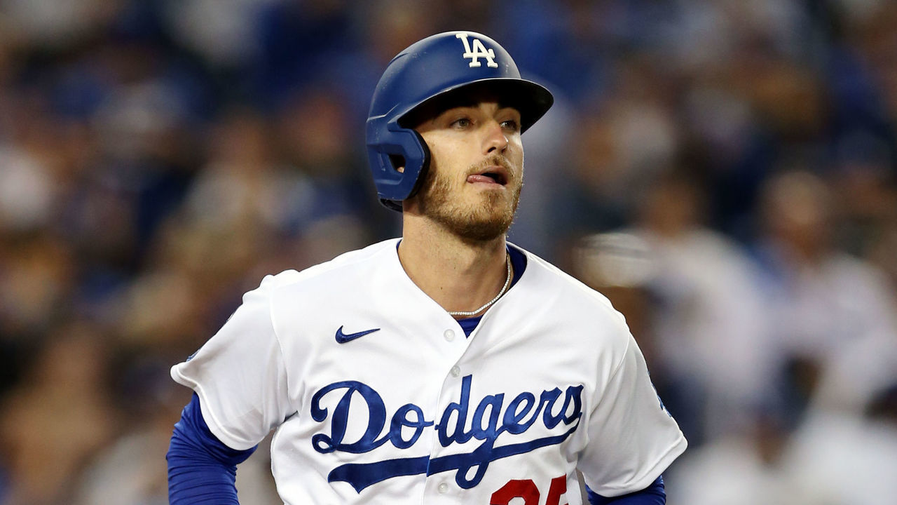 LOS ANGELES, CA - OCTOBER 06: Cody Bellinger #35 of the Los Angeles Dodgers reacts after being walked in the bottom of the ninth inning during the game between the St. Louis Cardinals and the Los Angeles Dodgers at Dodgers Stadium on Wednesday, October 6, 2021 in Los Angeles, California.