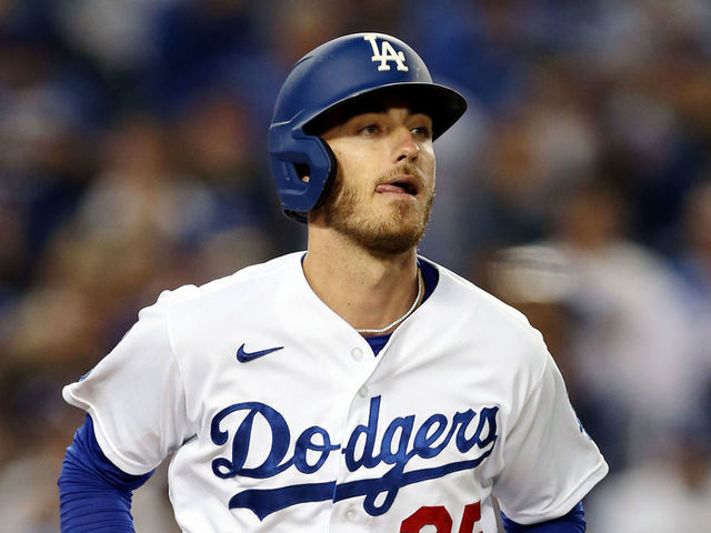 LOS ANGELES, CA - OCTOBER 06: Cody Bellinger #35 of the Los Angeles Dodgers reacts after being walked in the bottom of the ninth inning during the game between the St. Louis Cardinals and the Los Angeles Dodgers at Dodgers Stadium on Wednesday, October 6, 2021 in Los Angeles, California.