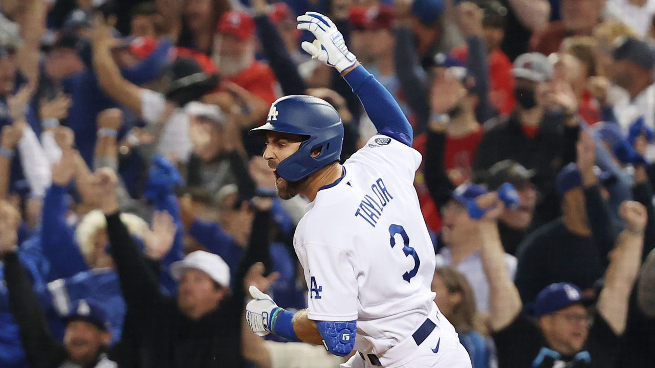 LOS ANGELES, CALIFORNIA - OCTOBER 06: Chris Taylor #3 of the Los Angeles Dodgers celebrates his walk off two-run home run in the ninth inning to defeat the St. Louis Cardinals 3 to 1 during the National League Wild Card Game at Dodger Stadium on October 06, 2021 in Los Angeles, California.