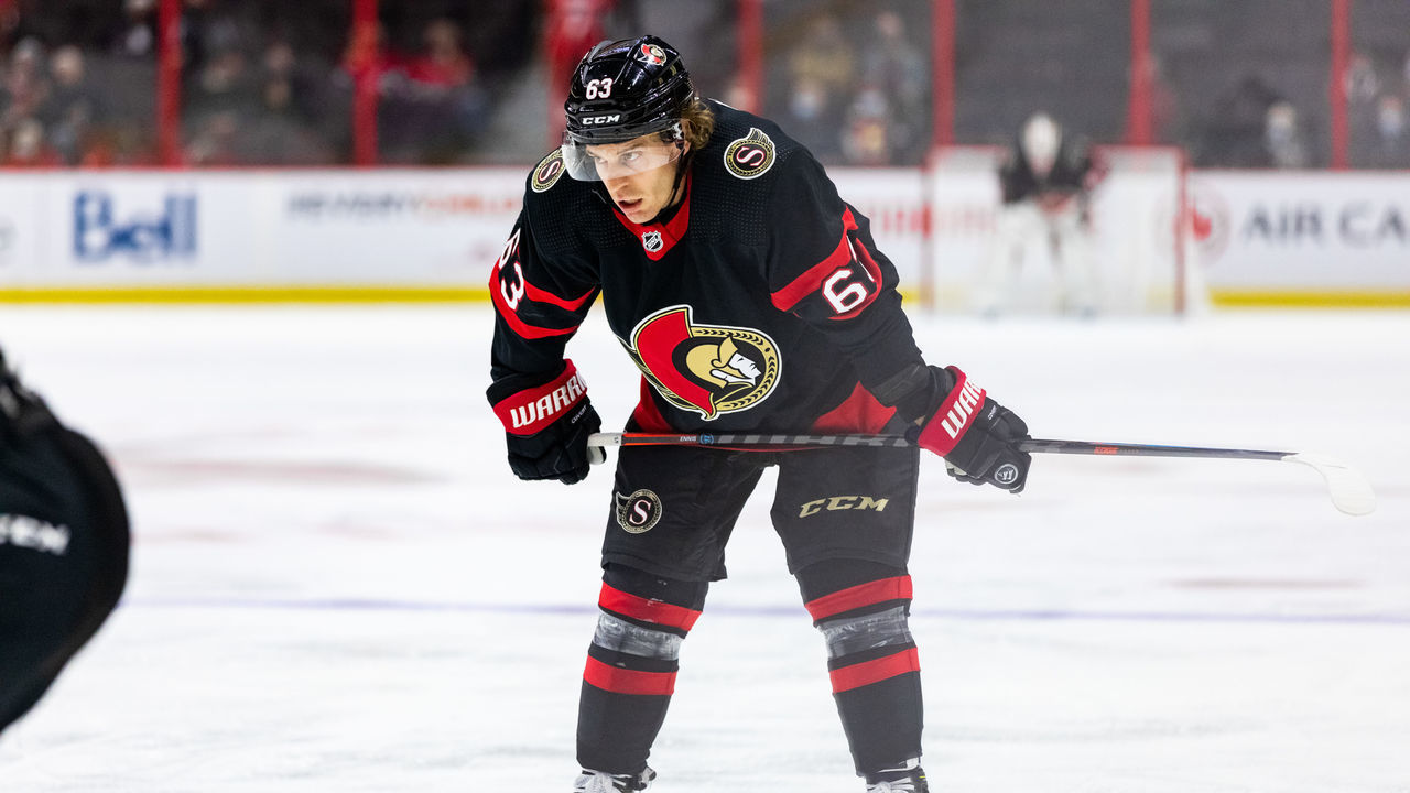 OTTAWA, ON - OCTOBER 01: Ottawa Senators center Tyler Ennis (63) before a face-off during third period National Hockey League preseason action between the Montreal Canadiens and Ottawa Senators on October 1, 2021, at Canadian Tire Centre in Ottawa, ON, Canada.
