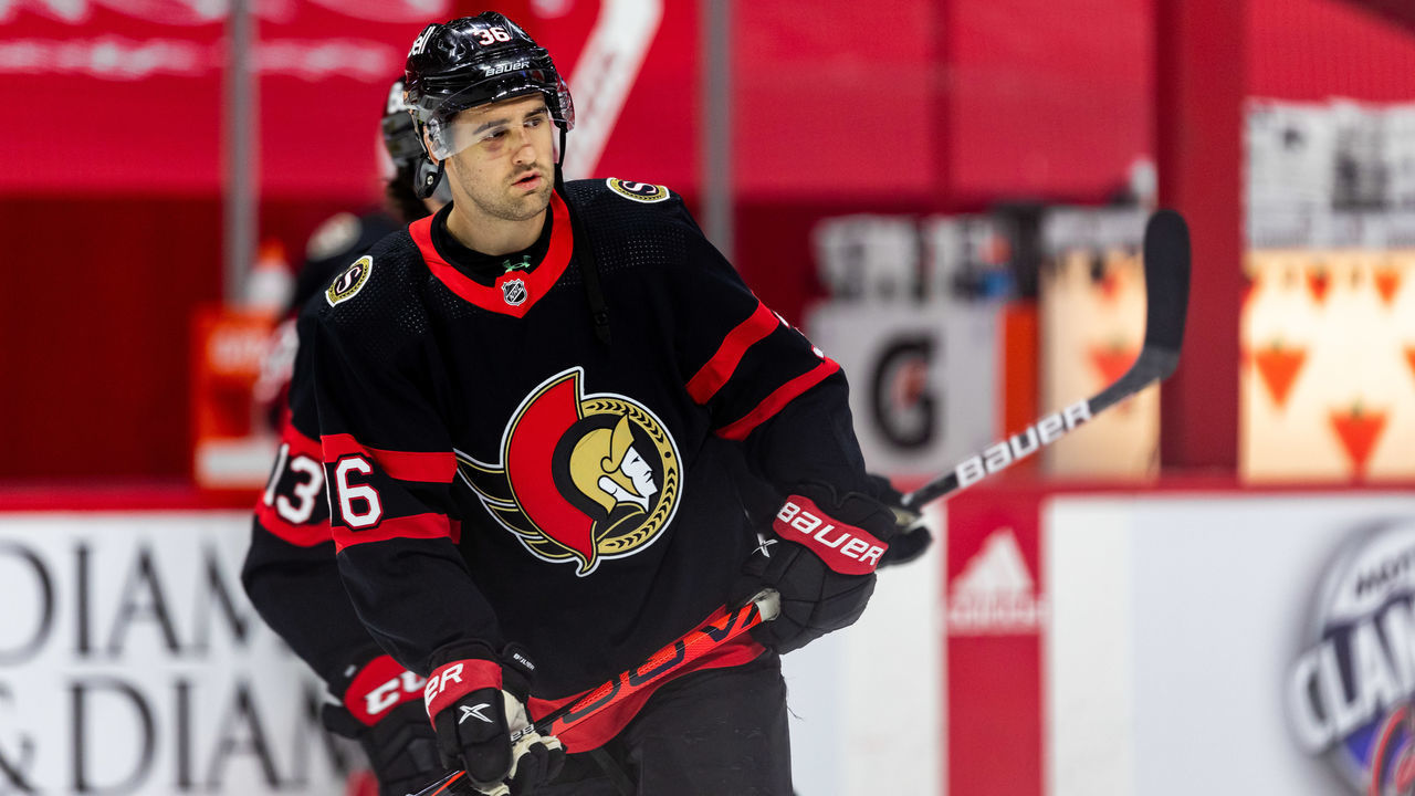 OTTAWA, ON - APRIL 26: Ottawa Senators Center Colin White (36) during warm-up before National Hockey League action between the Vancouver Canucks and Ottawa Senators on April 26, 2021, at Canadian Tire Centre in Ottawa, ON, Canada.