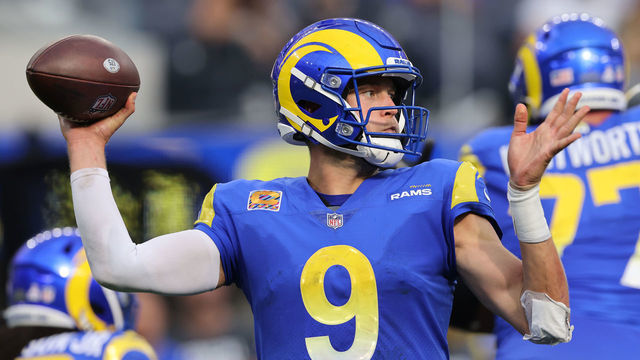 INGLEWOOD, CALIFORNIA - OCTOBER 03: Matthew Stafford #9 of the Los Angeles Rams passes during a 37-20 loss to the Arizona Cardinals at SoFi Stadium on October 03, 2021 in Inglewood, California.