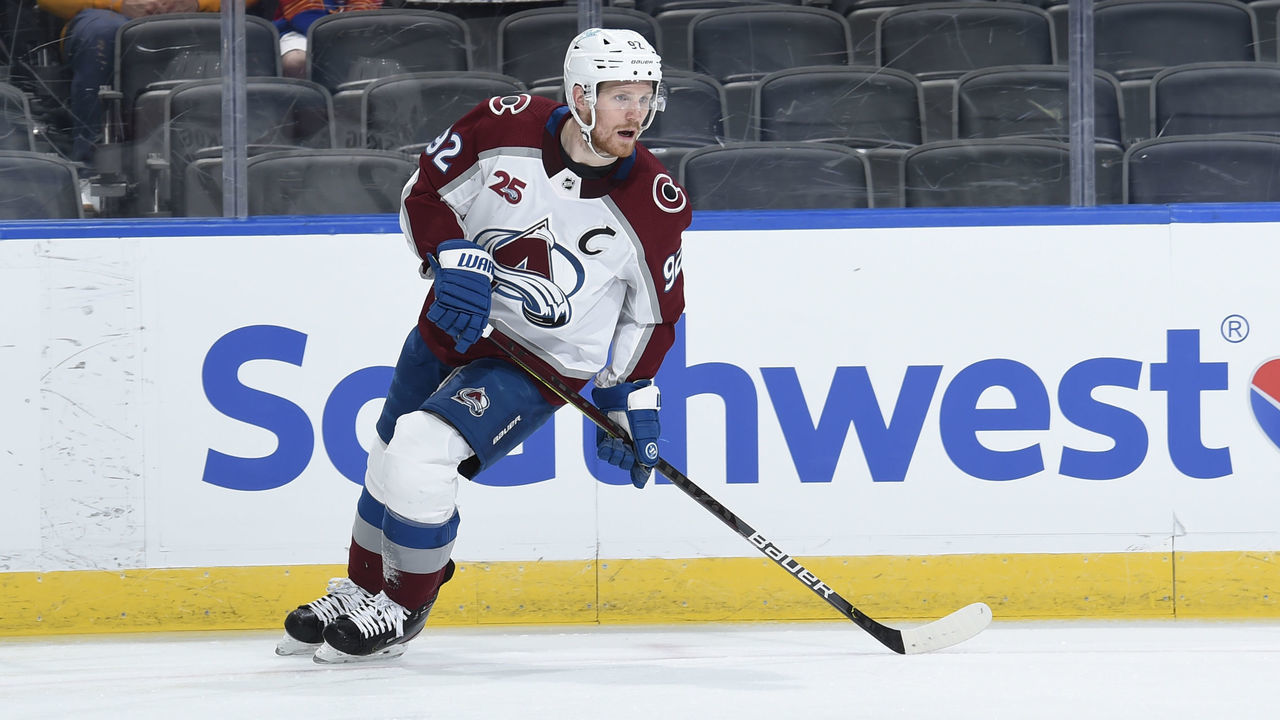 ST. LOUIS, MO - APRIL 22: Gabriel Landeskog #92 of the Colorado Avalanche skates against the St. Louis Blues on April 22, 2021 at the Enterprise Center in St. Louis, Missouri.