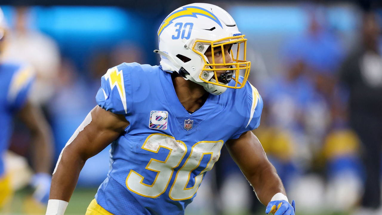 INGLEWOOD, CALIFORNIA - OCTOBER 04: Austin Ekeler #30 of the Los Angeles Chargers waits for a pass during a 28-14 win over the Las Vegas Raiders at SoFi Stadium on October 04, 2021 in Inglewood, California.