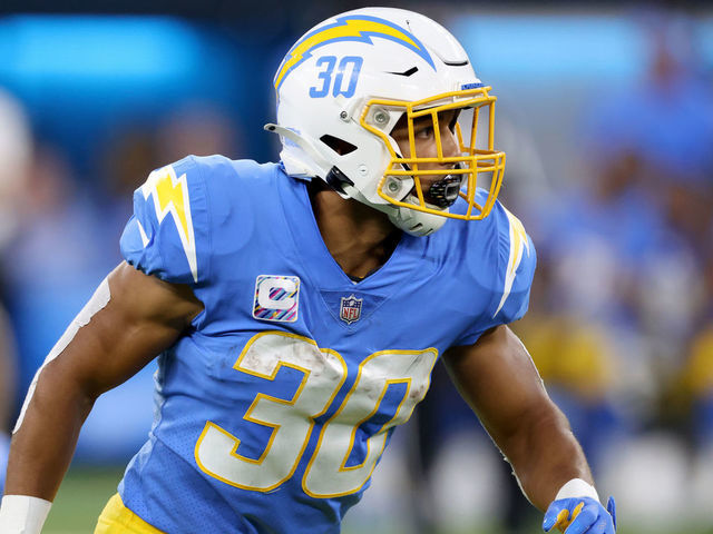 INGLEWOOD, CALIFORNIA - OCTOBER 04: Austin Ekeler #30 of the Los Angeles Chargers waits for a pass during a 28-14 win over the Las Vegas Raiders at SoFi Stadium on October 04, 2021 in Inglewood, California.