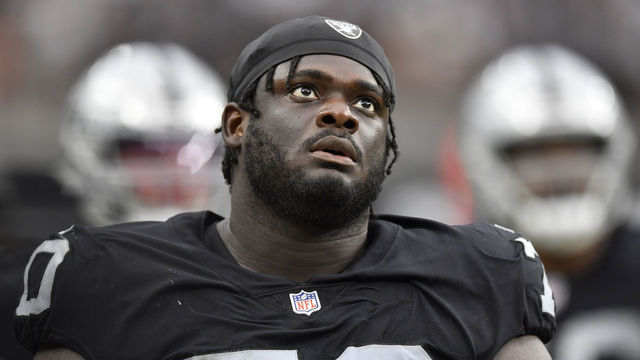 LAS VEGAS, NEVADA - SEPTEMBER 26: Offensive tackle Alex Leatherwood #70 of the Las Vegas Raiders looks during a game against the Miami Dolphins at Allegiant Stadium on September 26, 2021 in Las Vegas, Nevada. The Raiders defeated the Dolphins 31-28 in overtime.