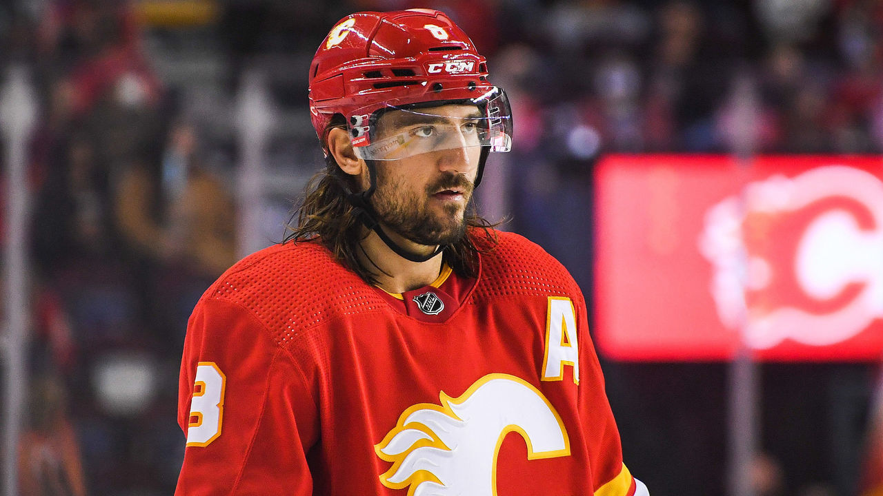CALGARY, AB - SEPTEMBER 9: Christopher Tanev #8 of the Calgary Flames in action against the Seattle Kraken during an NHL game at Scotiabank Saddledome on September 9, 2021 in Calgary, Alberta, Canada.
