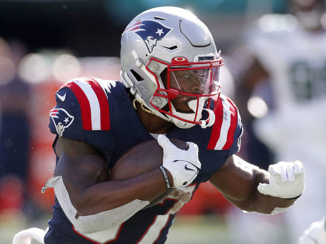 EAST RUTHERFORD, NEW JERSEY - SEPTEMBER 19: (NEW YORK DAILIES OUT) Damien Harris #37 of the New England Patriots in action against the New York Jets at MetLife Stadium on September 19, 2021 in East Rutherford, New Jersey. The Patriots defeated the Jets 25-6.