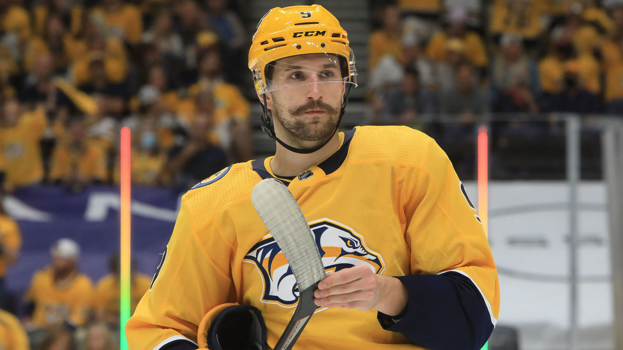 NASHVILLE, TN - MAY 27: Nashville Predators left wing Filip Forsberg (9), of Sweden, is shown during Game 6 of the first round of the Stanley Cup Playoffs between the Nashville Predators and Carolina Hurricanes, held on May 27, 2021, at Bridgestone Arena in Nashville, Tennessee.
