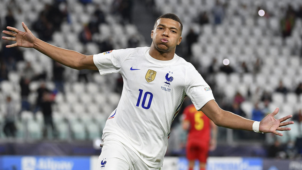 TURIN, ITALY, OCTOBER 07:Kylian Mbappe, of France, celebrates after scoring on a penalty kick during the UEFA Nations League football tournament semi-final match between Belgium and France at Allianz Stadium in Turin, Italy, on October 07, 2021.
