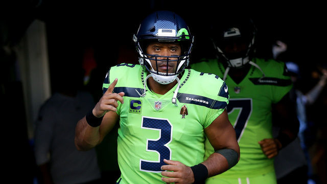SEATTLE, WASHINGTON - OCTOBER 07: Quarterback Russell Wilson #3 of the Seattle Seahawks takes the field before the start of the Seahawks and Los Angeles Rams game at Lumen Field on October 07, 2021 in Seattle, Washington.