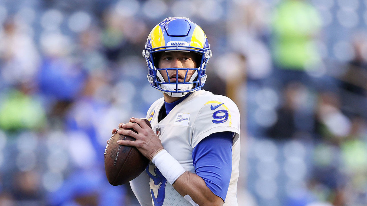 SEATTLE, WASHINGTON - OCTOBER 07: Quarterback Matthew Stafford #9 of the Los Angeles Rams warms up against the Seattle Seahawks at Lumen Field on October 07, 2021 in Seattle, Washington.