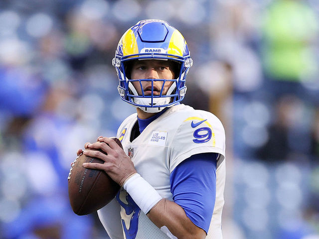 SEATTLE, WASHINGTON - OCTOBER 07: Quarterback Matthew Stafford #9 of the Los Angeles Rams warms up against the Seattle Seahawks at Lumen Field on October 07, 2021 in Seattle, Washington.