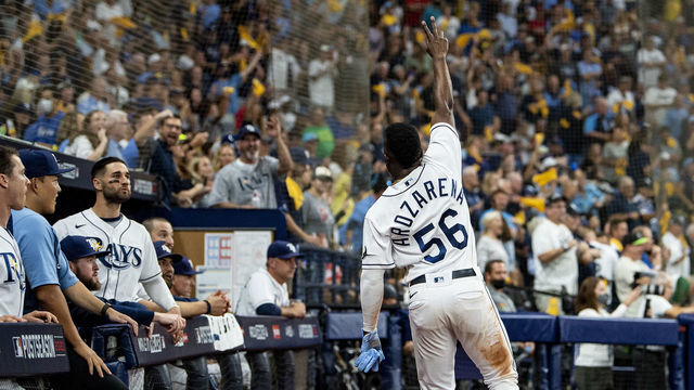 ST PETERSBURG, FL - OCTOBER 07: Randy Arozarena #56 of the Tampa Bay Rays gives a curtain call after stealing home plate after during the seventh inning of game one of the 2021 American League Division Series against the Boston Red Sox at Tropicana Field on October 7, 2021 in St Petersburg, Florida.