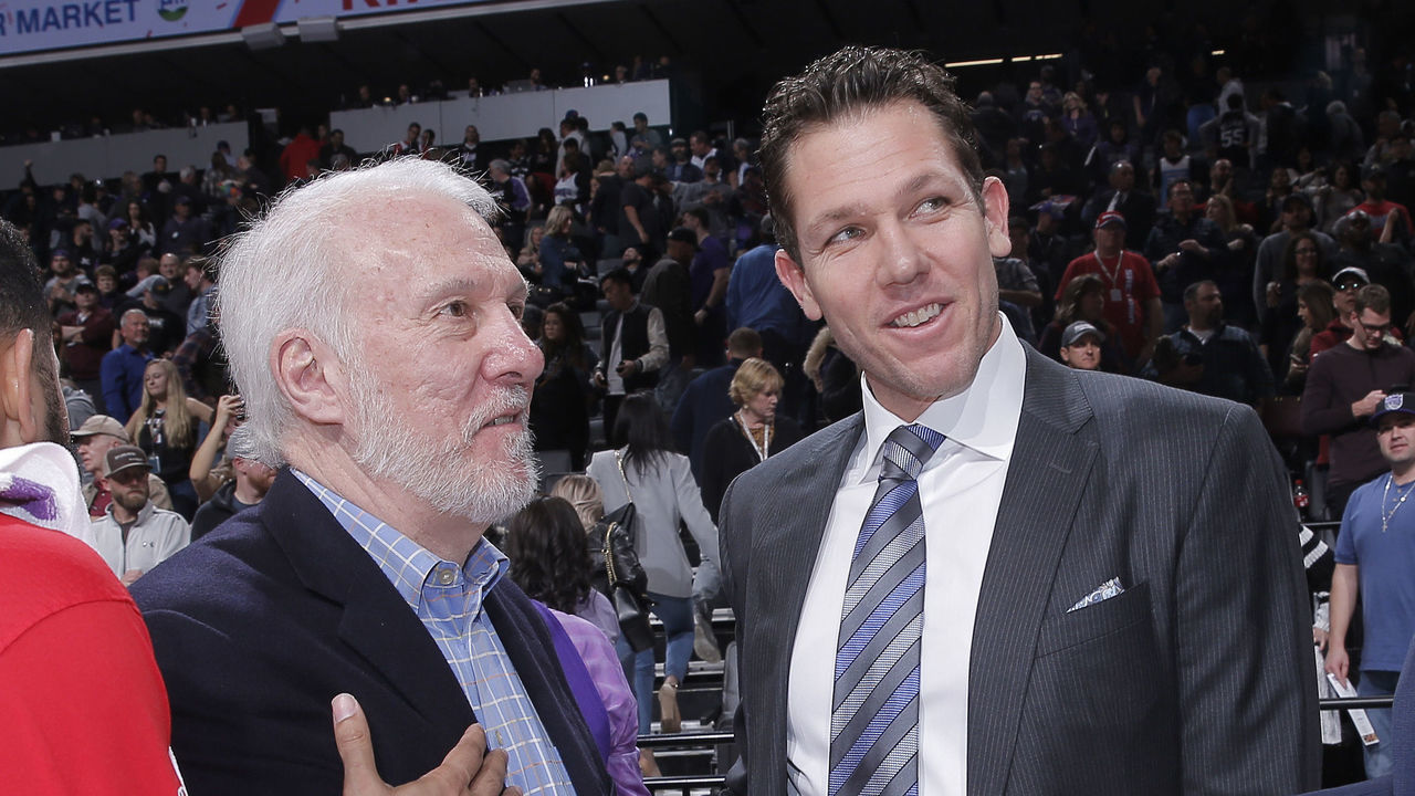 SACRAMENTO, CA - FEBRUARY 8: Head Coach Gregg Popovich of the San Antonio Spurs greets Head coach Luke Walton and General Manager Vlade Divac of the Sacramento Kings on February 8, 2020 at Golden 1 Center in Sacramento, California. NOTE TO USER: User expressly acknowledges and agrees that, by downloading and or using this photograph, User is consenting to the terms and conditions of the Getty Images Agreement. Mandatory Copyright Notice: Copyright 2020 NBAE