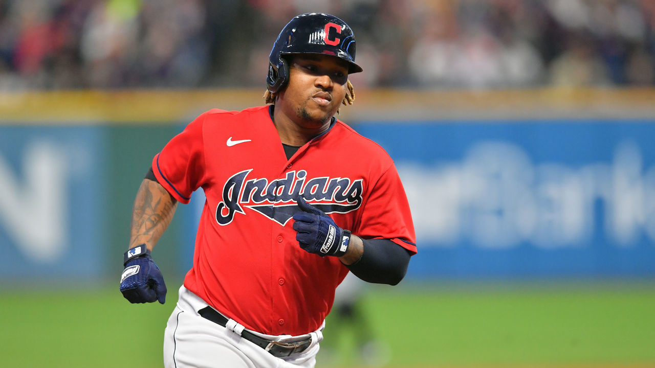 CLEVELAND, OHIO - SEPTEMBER 25: Jose Ramirez #11 of the Cleveland Indians rounds the bases after hitting a two run homer during the first inning against the Chicago White Sox at Progressive Field on September 25, 2021 in Cleveland, Ohio.