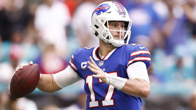 MIAMI GARDENS, FLORIDA - SEPTEMBER 19: Josh Allen #17 of the Buffalo Bills throws a pass against the Miami Dolphins during the first half at Hard Rock Stadium on September 19, 2021 in Miami Gardens, Florida.