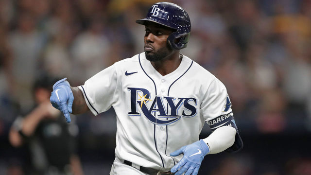 TAMPA, FL - OCTOBER 07: Randy Arozarena #56 of the Tampa Bay Rays reacts after hitting a solo home run in the bottom of the fifth inning during Game 1 of the ALDS between the Boston Red Sox and the Tampa Bay Rays at Tropicana Field on Thursday, October 7, 2021 in Tampa, Florida.