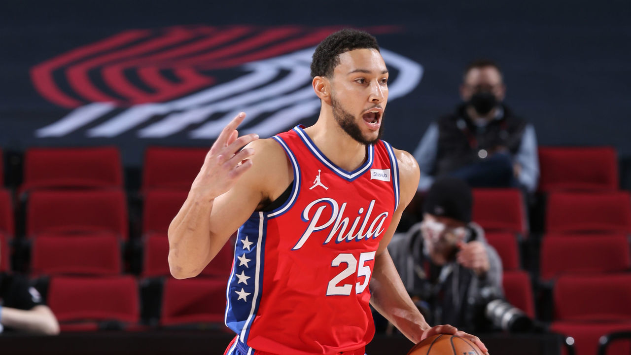 PORTLAND, OR - FEBRUARY 11: Ben Simmons #25 of the Philadelphia 76ers handles the ball during the game against the Portland Trail Blazers on February 11, 2021 at the Moda Center Arena in Portland, Oregon. Mandatory Copyright Notice: Copyright 2021 NBAE